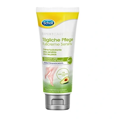 Abbildung von Scholl Expertcare tägliche Fußcreme Sensitiv mit Sheabutter und Avocadoöl Hautverträglichkeit dermatologisch bestätig unparfümiert schnell einziehend nicht fettend 75 ml