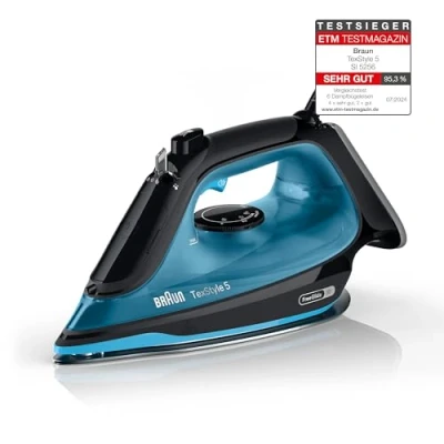 Abbildung von Braun Household TexStyle 5 SI5256 BL Dampfbügeleisen mit FreeGlide 3D Bügelsohle, Präzisionsspitze, Vertikaldampf, Anti Tropf System, 210 g/min Dampfstoß, 300ml Wassertank, 2600W, Schwarz/Blau