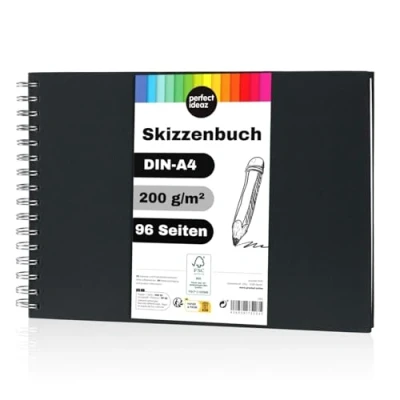 Abbildung von perfect ideaz Skizzenbuch DIN A4 Quer, Spiralbindung, FSC® zertifiziert, 96 Seite (48 Blatt), Hardcover Schwarz, Sketchbook, 200 g/m² dickes Papier, säurefrei