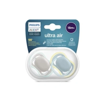 Abbildung von Philips Avent ultra air Schnuller 2er Pack, BPA freier, atmungsaktiver für Babys ab 18 Monaten, inklusive Transport und Sterilisationsbox, hellgrün/grau (Modell SCF349/01)