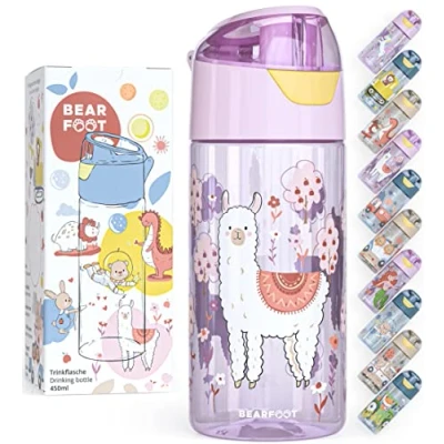 Abbildung von BEARFOOT Trinkflasche Kinder 450ml, leichte Tritan Wasserflasche, BPA frei, auslaufsicher, Kohlensäure geeignet, spülmaschinenfest für Jungen, Mädchen, Kindergarten (Lila Lama)