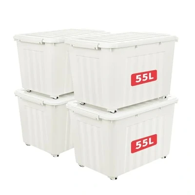 Abbildung von Cetomo 55L*4 Aufbewahrungsboxen mit Deckeln, Kunststoff Aufbewahrungsbox Rollen und Clips, Kunststoffbox für Zuhause Büro, BPA frei, Nestbar, Stapelbar, Weiß, 55L 4er Pack