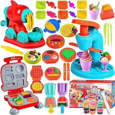 Abbildung von MUOIVG 51 Stück Knete Dough Set für Kinder, Kitchen Creations Nudelmaschine Spielset Burger Eiscreme, Zubehör mit Accessoires und 12 Dosen Knete, Spielzeug Geschenk mädchen &amp; Junge 2 10 Jahre