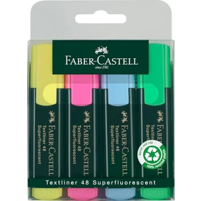 Abbildung von FABER CASTELL 154804 Textmarker Set TL 48, 4er Etui, Neon Farben, mit langlebiger Keilspitze, Strichbreite 1 5 mm, nachfüllbar