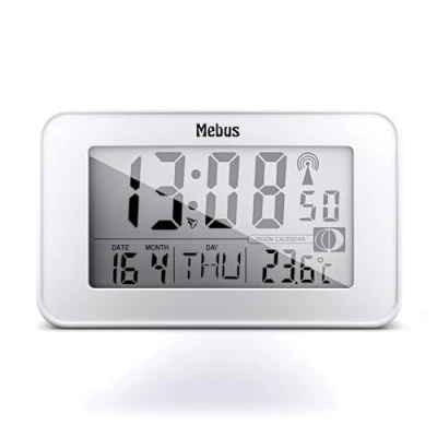 Abbildung von Mebus digitaler Weiß Funk Wecker mit Mondkalender, Beleuchtung, Innenthermometer, 2 Weckzeiten, Schlummer Funktion/Material: Kunststoff/Farbe Modell: 51461, L 4,8 x B 11,5 H 6,8 cm