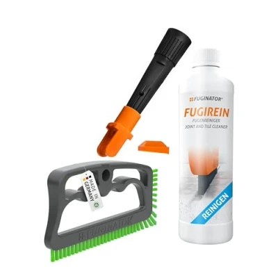 Abbildung von FUGINATOR® Trio mit Fugenbürste in grau/grün, EU Adapter &amp; Fugenreingier 250 ml Fugenreinigung im Stehen für Fliesen, WC, Bad etc. Geeignet Silikon Fugen. Bürste harten Borsten