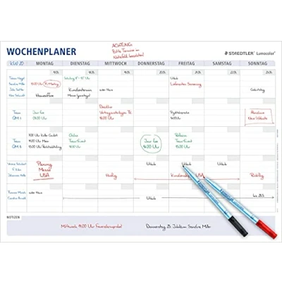 Abbildung von STAEDTLER Wochenplaner Lumocolor, wiederverwendbar, trocken abwischbar, Größe DIN A1, im Set mit 2 Stiften Lumocolor correctable M rot, schwarz und Stiftklemmen, 641 A1 1