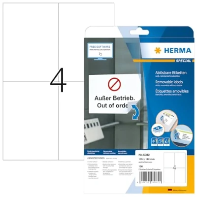 Abbildung von HERMA 5082 Universal Etiketten ablösbar, 25 Blatt, 105 x 148 mm, 4 pro A4 Bogen, 100 Stück, selbstklebend, bedruckbar, matt, blanko Papier Klebeetiketten Aufkleber, weiß