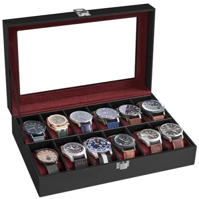 Abbildung von SONGMICS Uhrenbox mit 12 Fächern, Uhrenkasten Glasdeckel, Uhrenkoffer herausnehmbaren Uhrenkissen, Premium Uhrenschatulle, PU Bezug in Schwarz, Samtfutter Weinrot JWB120R01