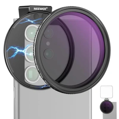 Abbildung von NEEWER 67mm Clip On Variable ND2 ND32 Handy Objektiv Filter Set Telefon mit magnetischem Adapterring/Cold Shoe/Verriegelungsknopf HD für iPhone 16 15 Pro Max 14 13 Galaxy S22 S23 S24 Ultra