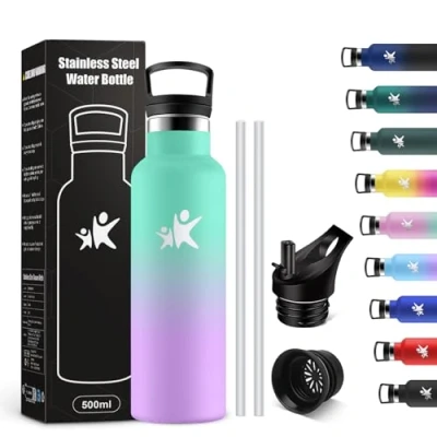 Abbildung von KollyKolla Trinkflasche Kinder 500ml, Auslaufsicher Thermosflasche mit Strohhalm, Kohlensäure Geeignet, BPA frei, Isolierflasche Doppelwandig, Wasserflasche für Büro, Schule, Reisen, Camping