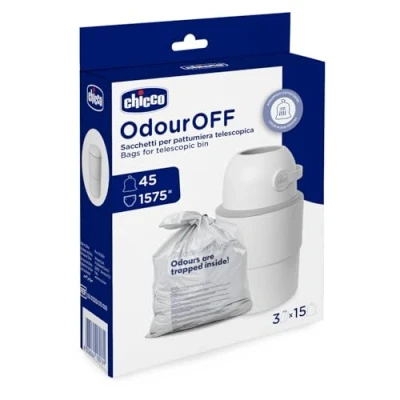 Abbildung von Chicco Odour Off Pouches, Toilettenfresser Beutel, Teleskop Müllbeutel, dreilagiges stabiles Material, hält Gerüche zurück, 45 15x3