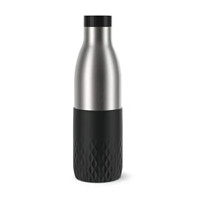 Abbildung von Emsa N31111 Bludrop Sleeve Trinkflasche 100 % dicht Quick Press Verschluss Ergonomischer 360 Trinkgenuss 12h warm, 24h kühl spülmaschinenfest Edelstahl Schwarz 0,7 Liter