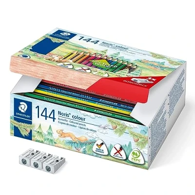Abbildung von STAEDTLER Buntstifte Noris colour, ergonomisches Dreikantformat, rutschfeste Soft Oberfläche, hohe Bruchfestigkeit, WOPEX Material, 144 Farbstifte in 12 Farben und 3 Spitzer, 187 C144