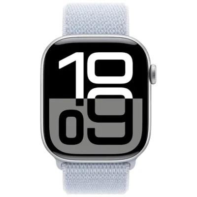 Abbildung von Apple Watch Series 10 46mm Silber (Hellblaues Nylon Armband)