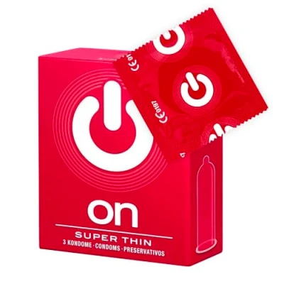 Abbildung von ON) Kondome Super Thin I 54 mm Breite 3 Stück Packung Premium hauchzart extra dünne 0,055 Wandstärke vegan für Männer Condoms for men