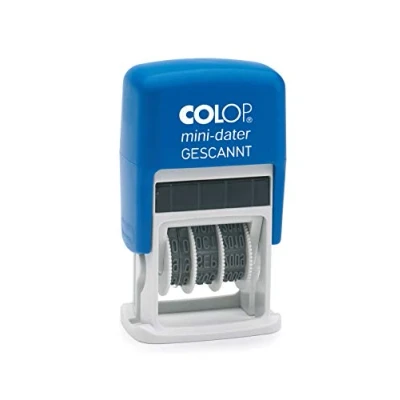 Abbildung von COLOP S160L Mini Datum Stempel, Text GESCANNT, Deutsch, Abdruckfarbe blau rot