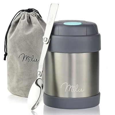Abbildung von Milu Thermobehälter 300, 440, 450, 650ml, 800ml Edelstahl Warmhaltebehälter Essensbehälter Speisegefäß Babynahrung Essen warmhalten Behälter Müsli to go Grau, 300ml