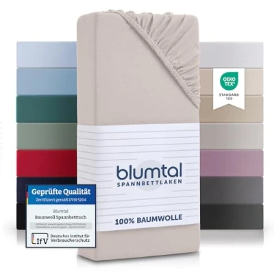 Abbildung von Blumtal® Basics Spannbettlaken Topper 140x200cm Jersey Bettlaken aus 100% Baumwolle Oeko TEX zertifiziertes Spannbetttuch Elfenbein