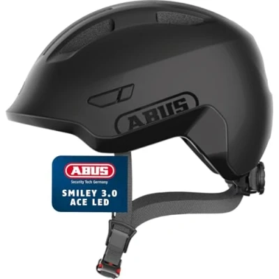 Abbildung von ABUS Kinderhelm Smiley 3.0 ACE LED Fahrradhelm mit Licht Tiefe Passform und Platz für einen Zopf Mädchen Jungs Schwarz, Größe S (45 50 cm​)