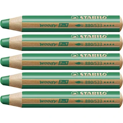 Abbildung von Buntstift, Wasserfarbe und Wachsmalkreide STABILO woody 3 in 1 5er Pack dunkelgrün