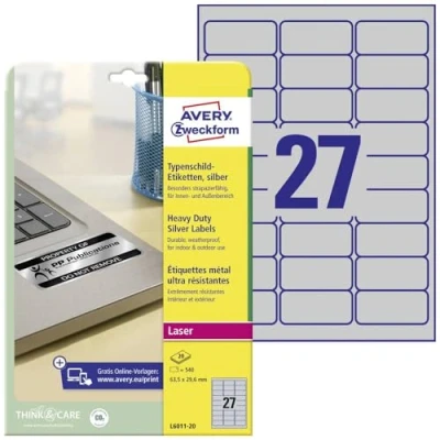 Abbildung von AVERY Zweckform L6011 20 Typenschild Folienetiketten (540 Aufkleber, 63,5x29,6mm auf A4, stark selbstklebend, strapazierfähig, wetterfest, bedruckbare Klebefolie, blanko) Blatt, silber
