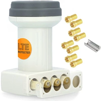 Abbildung von [ Test SEHR GUT, Note 1.2 *] GSS Helios Quad LNB + 8X F Stecker, mit LTE Abschirmung &amp; Sun Protect UV Schutz, 4Fach HD 4K für 4 Teilnehmer (TV Fernseher, Sat Receiver) LMB LNC Satelliten