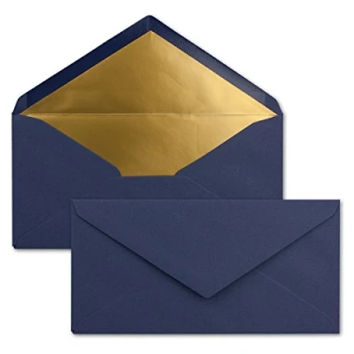 Abbildung von 25 Brief Umschläge DIN Lang Dunkel Blau/Nachtblau mit Gold Metallic Innen Futter 110 x 220 mm Nassklebung festliche Kuverts für Weihnachten