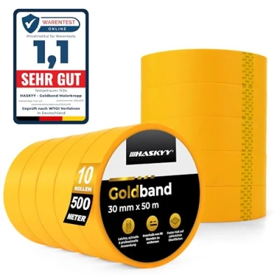 Abbildung von HASKYY Goldband Malerkrepp Kreppband 10x Malerband 30mm x 50m Profi Abdeckband Malertape Klebeband Washi Tape Gold Papiertape Selbstklebend