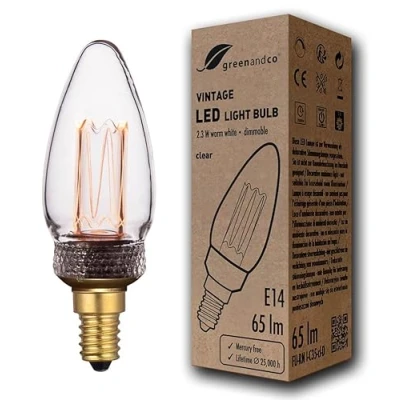 Abbildung von greenandco dimmbare Vintage Design LED Birne zur Stimmungsbeleuchtung E14 C35 klar 2,3W 65lm 1800K extra warmweiß 320 230V flimmerfrei Edison Glühbirne