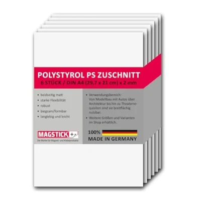 Abbildung von 6er Set Polystyrol Platten weiß I DIN A4 Kunststoff Hartplatten PS Zuschnitte 21 x 29,7 cm 2 mm Stärke für Modellbau Architektur DIY mag265