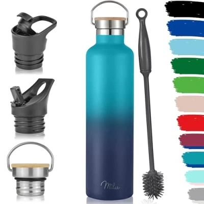 Abbildung von Milu Edelstahl Trinkflasche 500ml, 750ml, 1000ml (+3 Deckel) Thermosflasche mit Strohhalm, Isolierte Wasserflasche, Auslaufsichere Isolierflasche doppelwandig, Kohlensäure geeignet (Grün Blau, 1L)