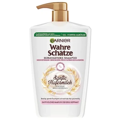 Abbildung von Garnier Wahre Schätze Beruhigendes Shampoo Sanfte Hafermilch, XXL Formal 1L, für empfindliches Haar und sensible Kopfhaut, 1000 ml