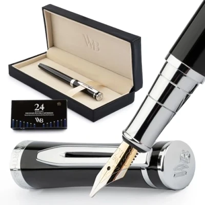 Abbildung von Wordsworth &amp; Black Füllfederhalter Set, gebogene Spitze, inklusive 24 Tintenpatronen, Kolbenkonverter und Geschenkbox, verchromt, Kalligraphie, Chrom Schwarz