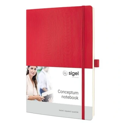 Abbildung von SIGEL CO314 Premium Notizbuch kariert, A4, Softcover, rot, aus nachhaltigem Papier Conceptum mit Seitenzahlen, Inhaltsverzeichnis, Stiftschlaufe, Falttasche