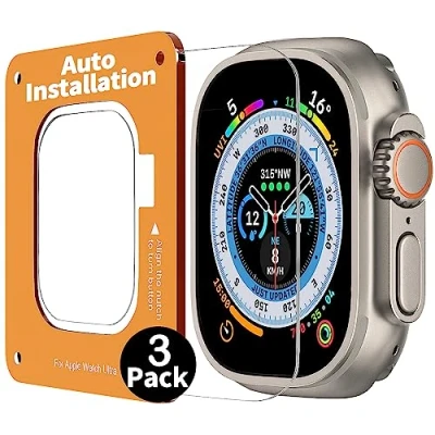 Abbildung von Uluck 3 Stück Panzerglas für Apple Watch Ultra 2/Ultra 49mm, 9H Tempered Glass Screen Protector mit Auto Ausrichtungskit iWatch