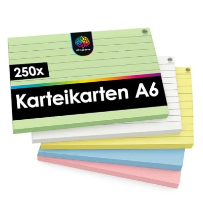 Abbildung von OfficeTree 250x Karteikarten A6 liniert 5 Farben Lernkarten für Schule &amp; Studium Bunt perfekt Notizen Organisation DIN Flashcards