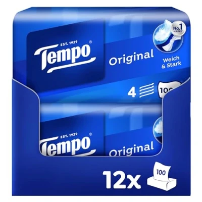 Abbildung von Tempo Original Taschentücher Box Vorteilspack 12 Boxen, 100 Tücher pro extra starke, weiche Papiertaschentücher, waschmaschinenfest
