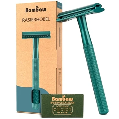 Abbildung von Bambaw Eco Rasierer mit 5 Rasierklingen Metall Frauen und Herren Hobel Nass für Rasierhobel Nachhaltig Zero Waste Smaragdgrün