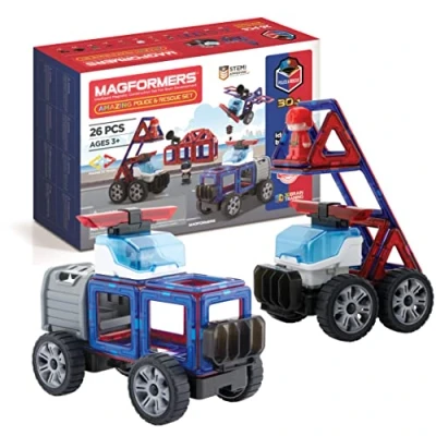 Abbildung von Magformers Amazing Police And Rescue Magnetic Building Blocks Tile Toy. Makes Cars Buildings In A Theme. STEM Toy For Children Aged 4+. With Character Car.