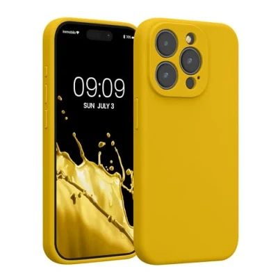 Abbildung von kwmobile Handyhülle kompatibel mit Apple iPhone 15 Pro Hülle gummierte Handy Case aus Silikon in Strahlend Gelb