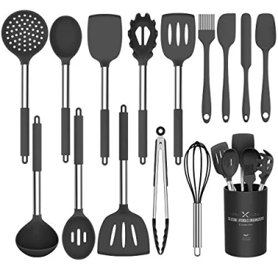 Abbildung von Umite Chef Küchenutensilien Set, 15 teilig, Silikon, hitzebeständig, antihaftbeschichtet, BPA frei, Edelstahl Griff, Pfannenwender, Löffel, Zange, Schneebesen, Kochgeschirr