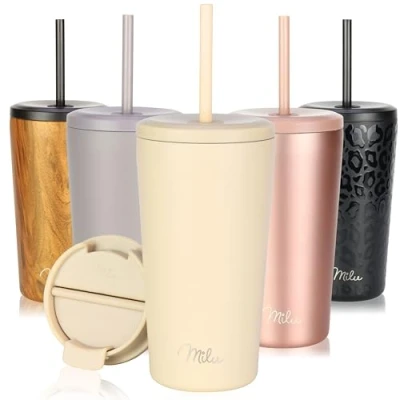 Abbildung von Milu Thermobecher 300ml, 400ml, 500ml 100% Auslaufsicher Edelstahl Kaffeebecher to go isoliert mit Strohhalm hält 10h heiß / 20h kalt, BPA frei (Beige, 500ml)