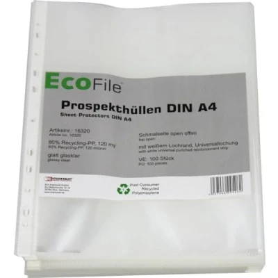 Abbildung von Prospekthülle A4 / 100 Stück/nachhaltig aus Post Consumer Recycling PP 120 my glatt glasklar super stark, mit Abheftrand, Schmalseite oben offen (120my)