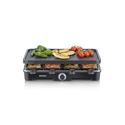Abbildung von SEVERIN Raclette Grill, mit großer Grillplatte, Keramik &amp; Antihaftbeschichtung, 8 Pfännchen Spatel, Tischgrill für bis zu Personen, 1.400 W Leistung, schwarz, RG 9670
