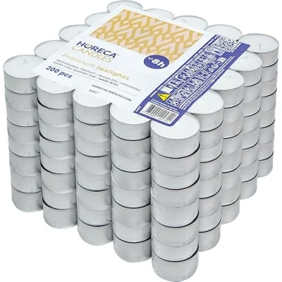Abbildung von Horeca Candles Teelichter 8 Stunden Brenndauer Weiß 200 Stück Aluhülle Kerzen zum Feiern, Deko, Hochzeit, Gastro, Party Unparfümiert Premium Qualitä