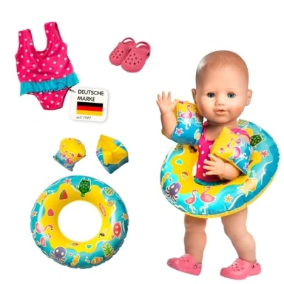 Abbildung von Heless 88 Schwimm Set für Puppen, Badeanzug, Clogs, Schwimmring und flügel mit lustigen Bade Wassermotiven, Puppengröße ca. 35 45 cm, Badespaß an heißen Sommertagen