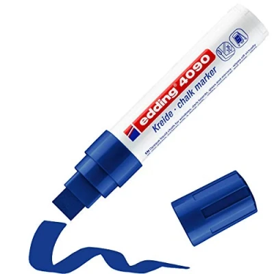 Abbildung von edding 4090 Kreidemarker blau 1 Kreidestift Keilspitze 4 15 mm breiter für Tafel abwischbar zum Beschriften von Fenster, Glas, Spiegel Tafelstift mit deckenden Farben