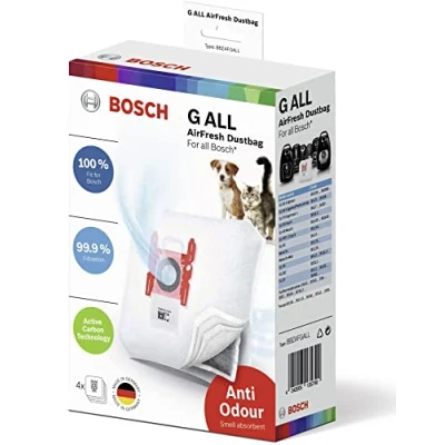 Abbildung von Bosch 4x Staubsaugerbeutel AirFresh Typ G ALL BBZAFGALL, 99,9% Feinstaubfilterung, ideal für Tierbesitzer, 50% längere Nutzungsdauer, alle Reihen außer BSG8 und BSN