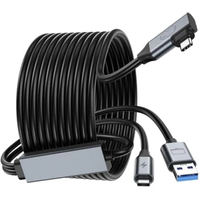 Abbildung von GlasFlength Link Kabel mit Ladefunktion, 5M USB C 3.0 Adapter 5 Gbit/s Datenübertragung Aufladen Während des Spielens Kompatibel für Quest 1/2/3, Pro, Pico 4, VR Headset, Steam